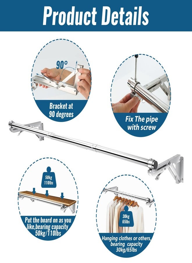 TBMLC Foldable Wall Mounted Clothes Rack-44'' Long Rod&2 Bases,Stainless Steel, Heavy Duty,Detachable,Multi-Purpose for Space-Saving Garment Rack/Clothes Drying Rack/Plant Hanger,Top Shelf Room Reserved - Image 4
